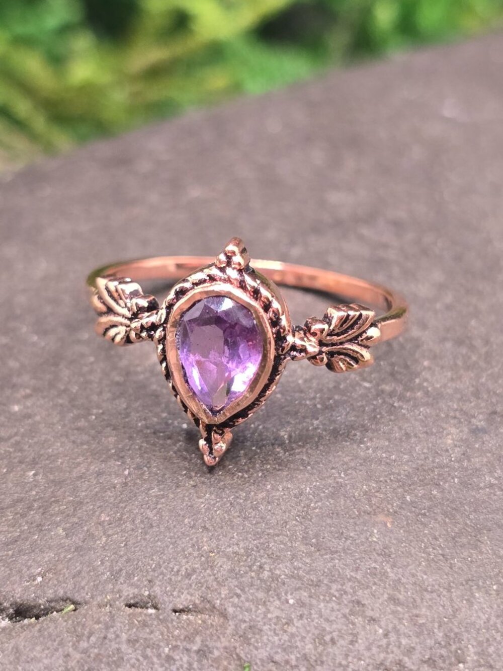Amethyst Copper Teardrop Ring Size 7 Leaf Gemstone Jewelry